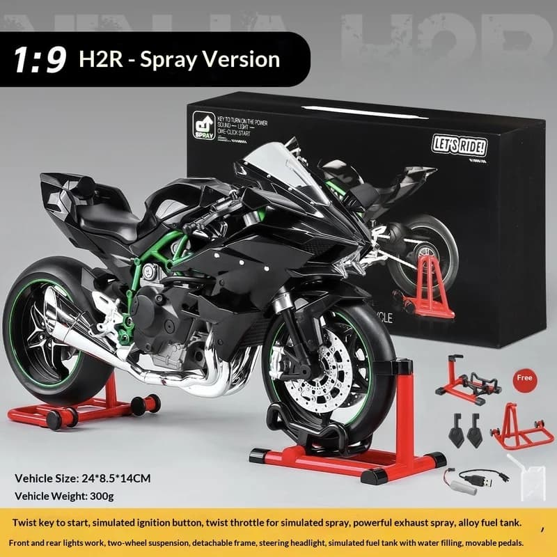 דגם דינמי בקנה מידה 1:9 של Kawasaki Ninja H2R - אופנוע מתכתי עם אפקט עשן בקופסת מתנה, מכוניות מהדורת האוסף - תואם לגו Kawasaki Ninja H2R